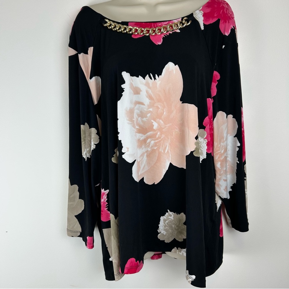 Calvin Klein Floral Graphic Blouse with Gold Chain Detail sz 3X Bloomcore Office